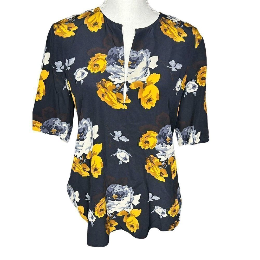 THEORY Women’s 100% Silk Blouse Black Brown Floral SZ Small